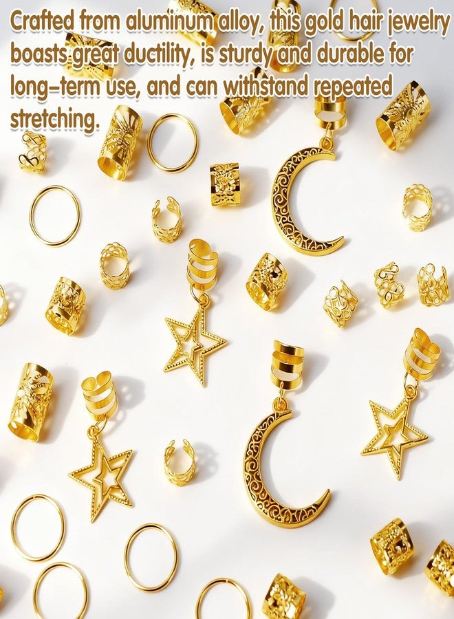 CYUXING 60Pcs Gold Hair Cuffs and Beads Set, Gold Hair Jewelry with Star Moon Charms for Braids, Alloy Clips for Women, Party & Photoshoot Baroque Accessories - Image 2